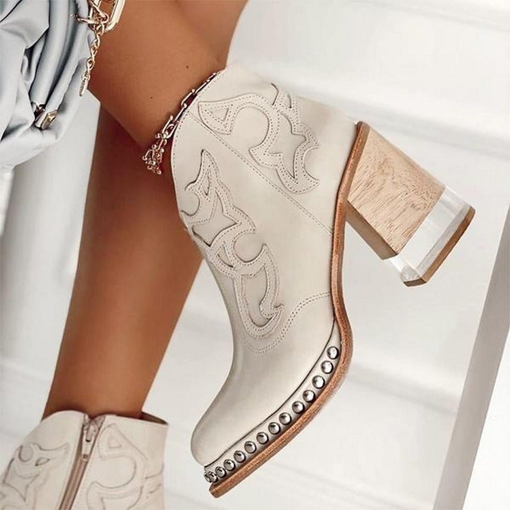 Women's Western Embossed Stud Trim Wood Heel Ankle Boots