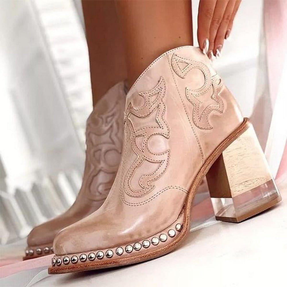 Women's Western Embossed Stud Trim Wood Heel Ankle Boots