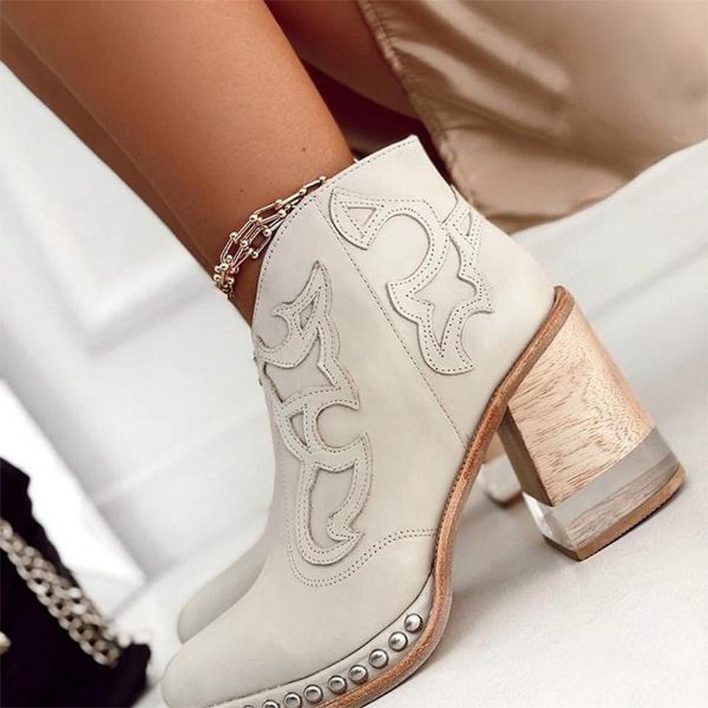 Women's Western Embossed Stud Trim Wood Heel Ankle Boots