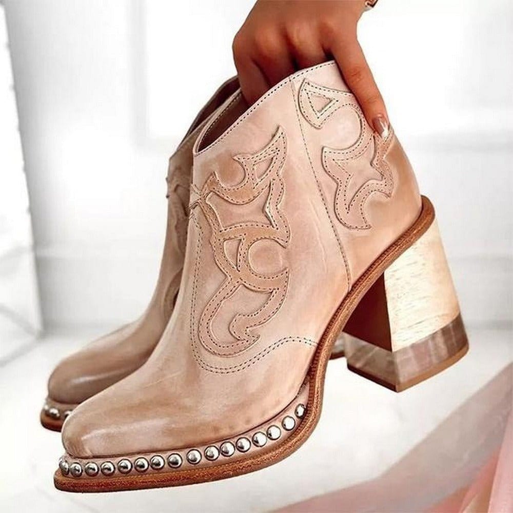Women's Western Embossed Stud Trim Wood Heel Ankle Boots