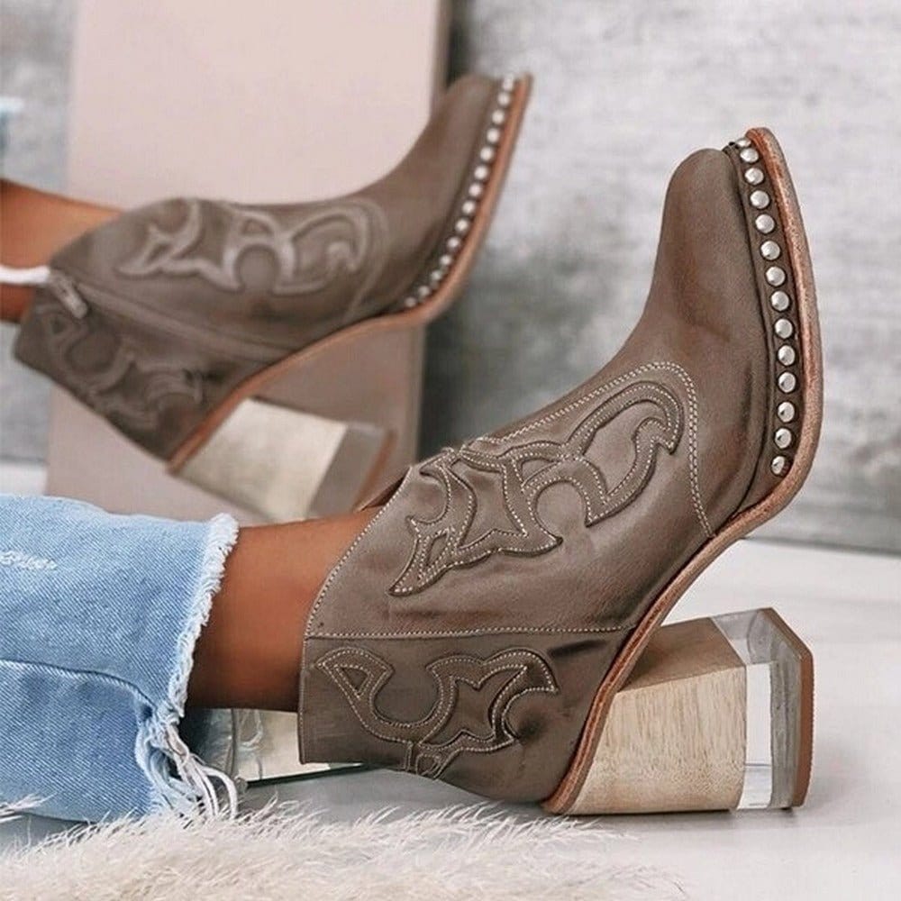 Women's Western Embossed Stud Trim Wood Heel Ankle Boots