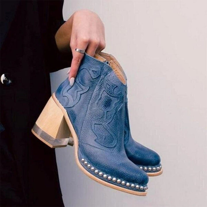 Women's Western Embossed Stud Trim Wood Heel Ankle Boots