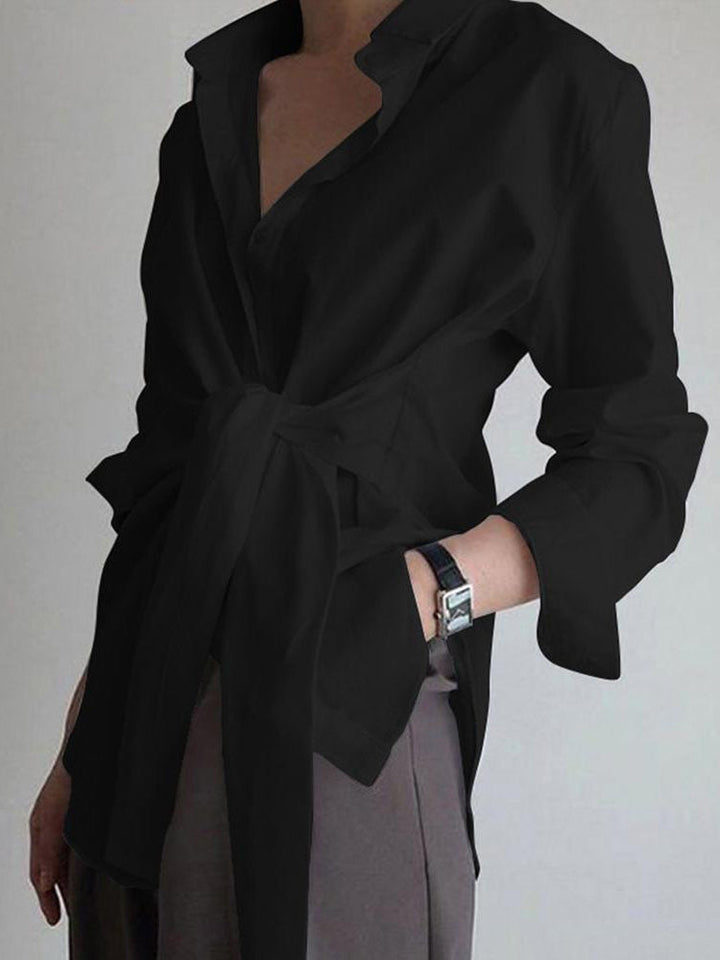 Women's Long Sleeve Button-Down Shirt with Tie Waist and Spread Collar