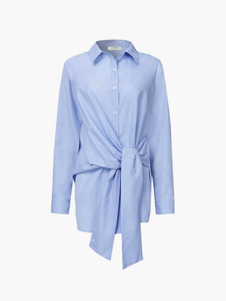 Women's Long Sleeve Button-Down Shirt with Tie Waist and Spread Collar