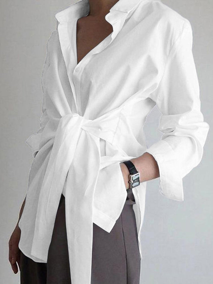 Women's Long Sleeve Button-Down Shirt with Tie Waist and Spread Collar
