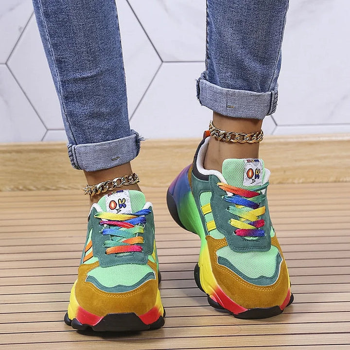 Women's Orthopedic Rainbow Colourblock Lace-Up Trainers