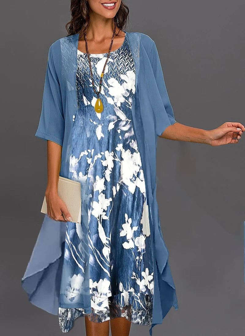 Women's Two-Piece Floral Print Midi Dress and Chiffon Cardigan Set