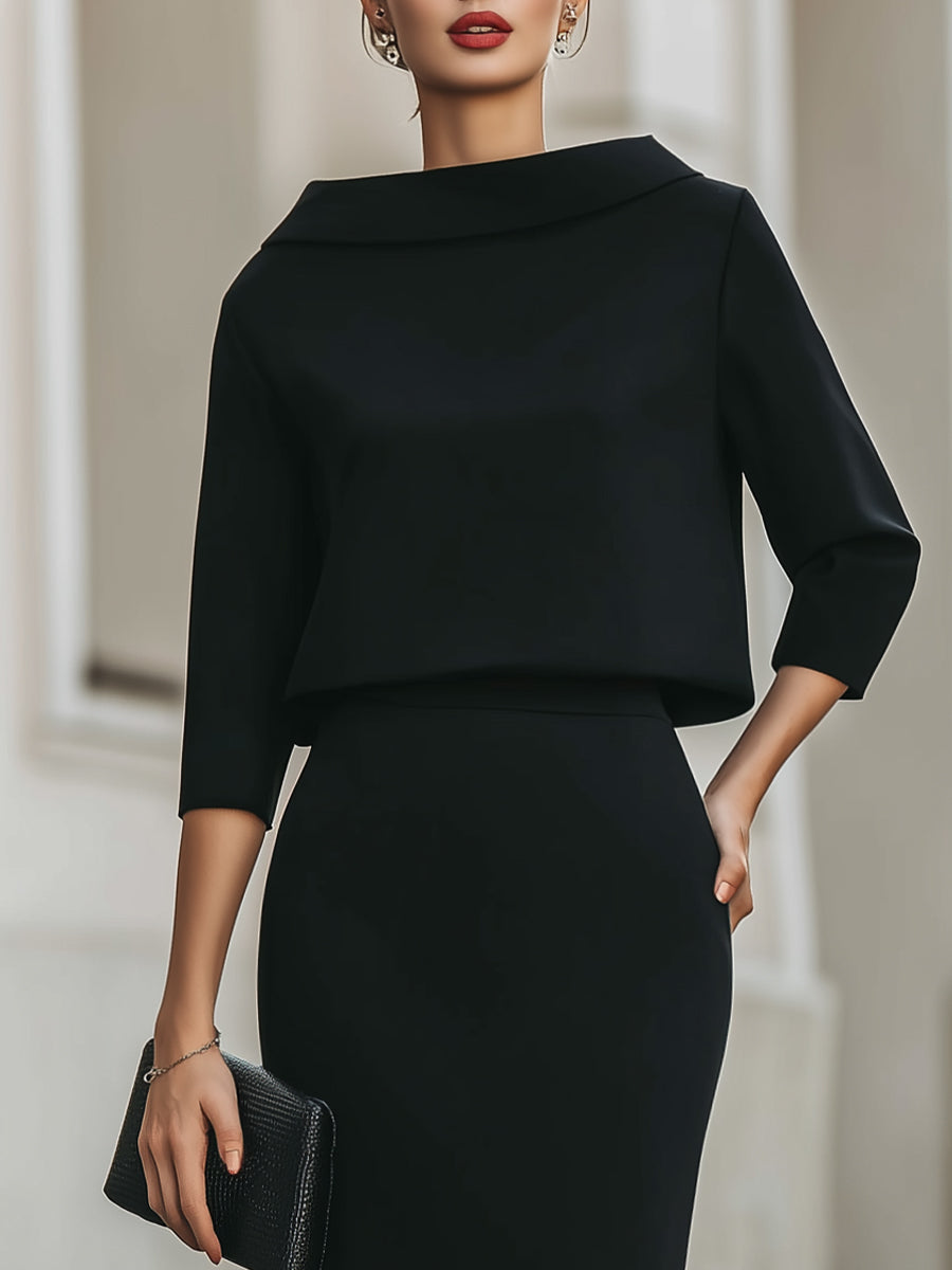 Women's Elegant Cropped Top And Midi Skirt Two-Piece Set with Boat Neckline