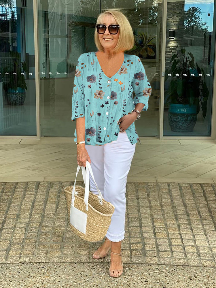Women's Floral Print V-Neck Blouse with Three-Quarter Sleeves and Button Front
