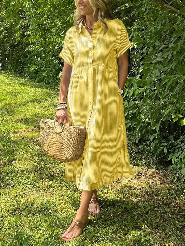Women's Striped Button Up Midi Dress with Spread Collar and Gathered Waist