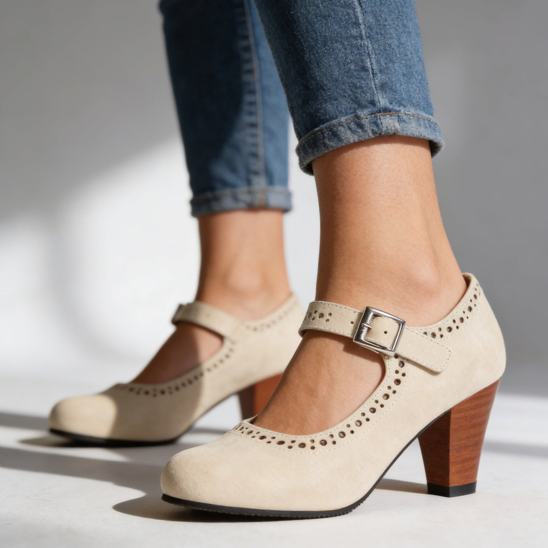 Women's Mary Jane Block Heel Brogue Pump Buckle Strap