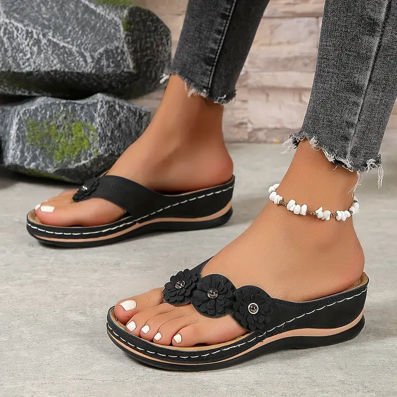 Women's Orthopedic Flower Wedge Thong Sandals