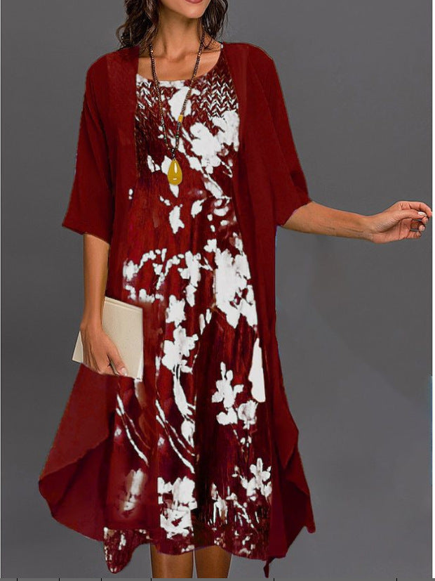 Women's Two-Piece Floral Print Midi Dress and Chiffon Cardigan Set