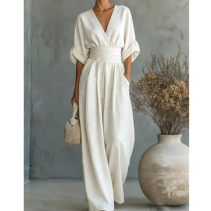 Linen Wide Leg Jumpsuit V-Neck Belted Waist Half Sleeve