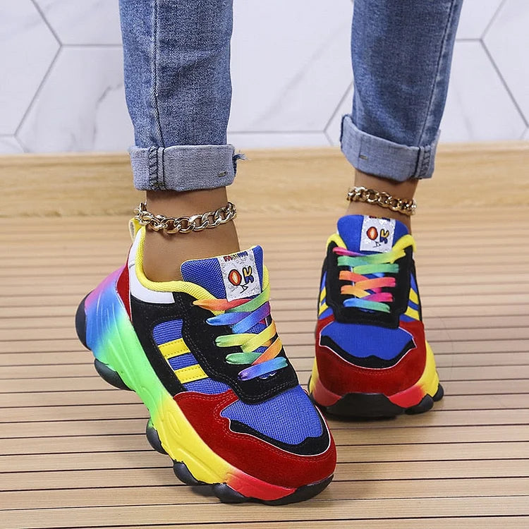 Women's Orthopedic Rainbow Colourblock Lace-Up Trainers