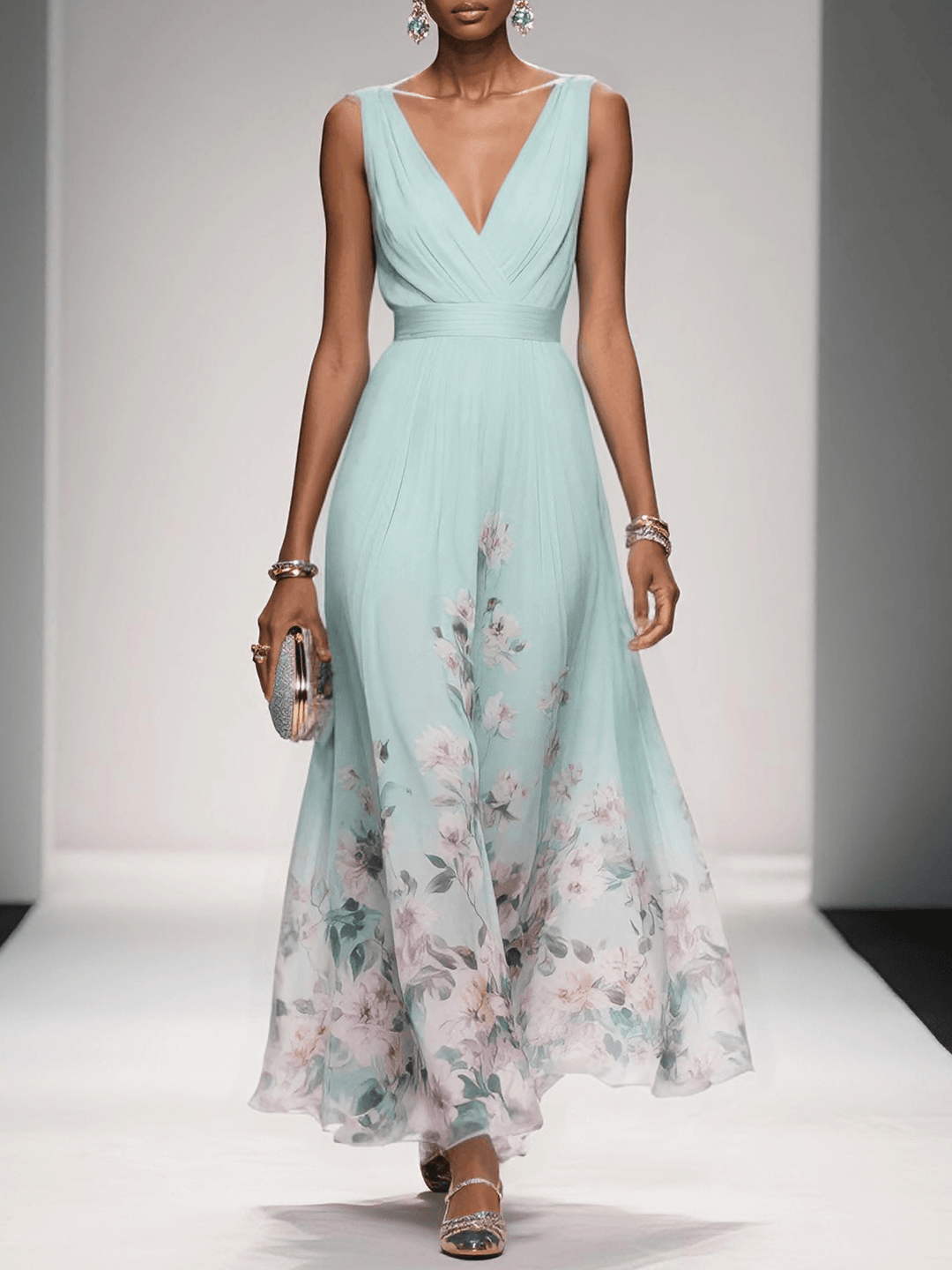 Women's Floral Print Wedding Guest Maxi Dress V-Neck