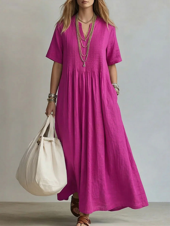 Women's Elegant Pleated V-Neck Relaxed Maxi Dress