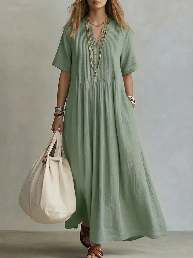 Women's Elegant Pleated V-Neck Relaxed Maxi Dress