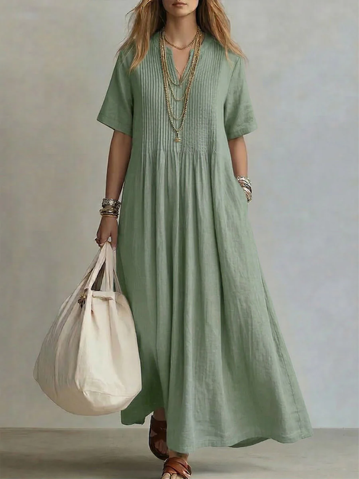 Women's Elegant Pleated V-Neck Relaxed Maxi Dress