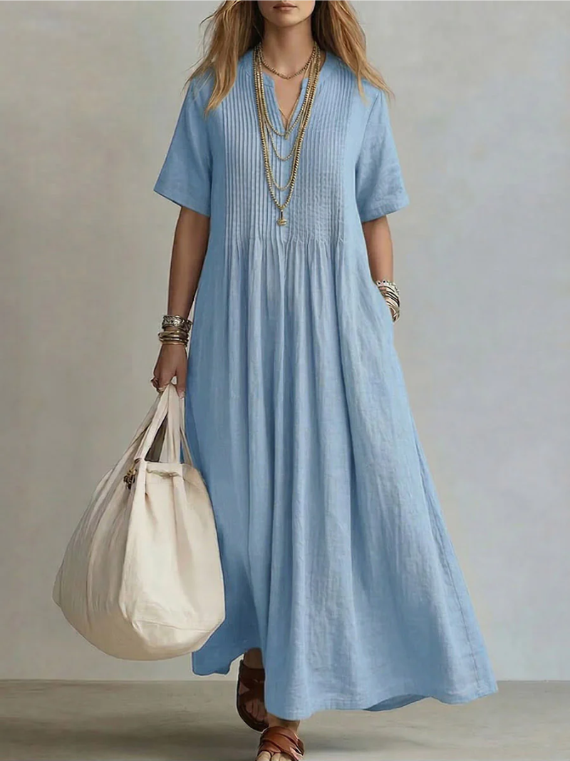 Women's Elegant Pleated V-Neck Relaxed Maxi Dress