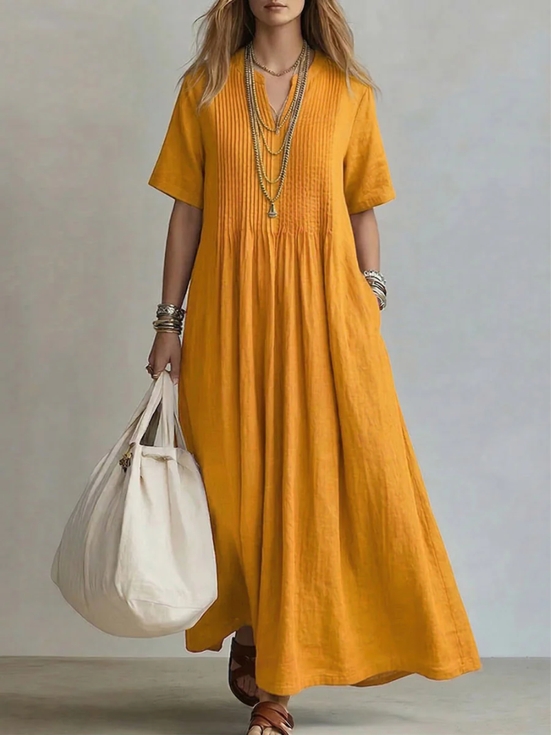 Women's Elegant Pleated V-Neck Relaxed Maxi Dress