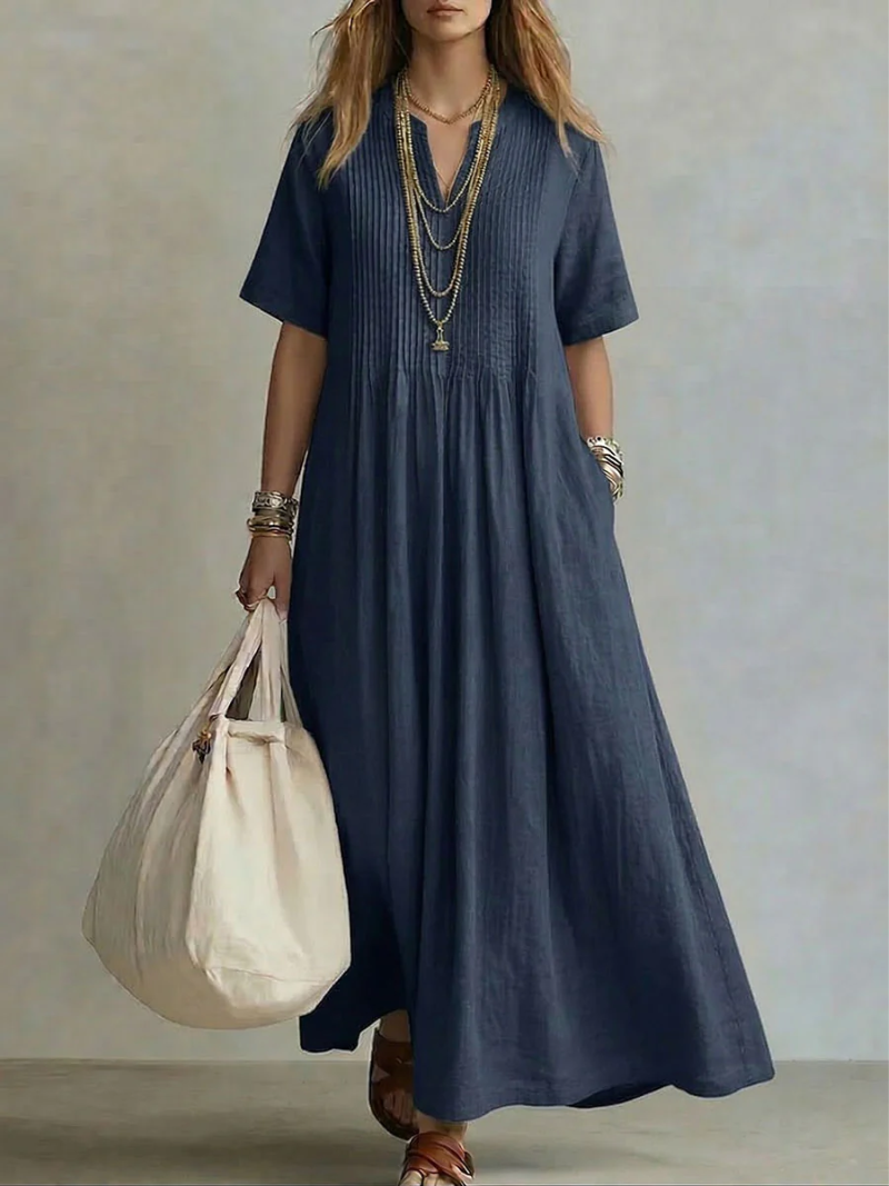 Women's Elegant Pleated V-Neck Relaxed Maxi Dress