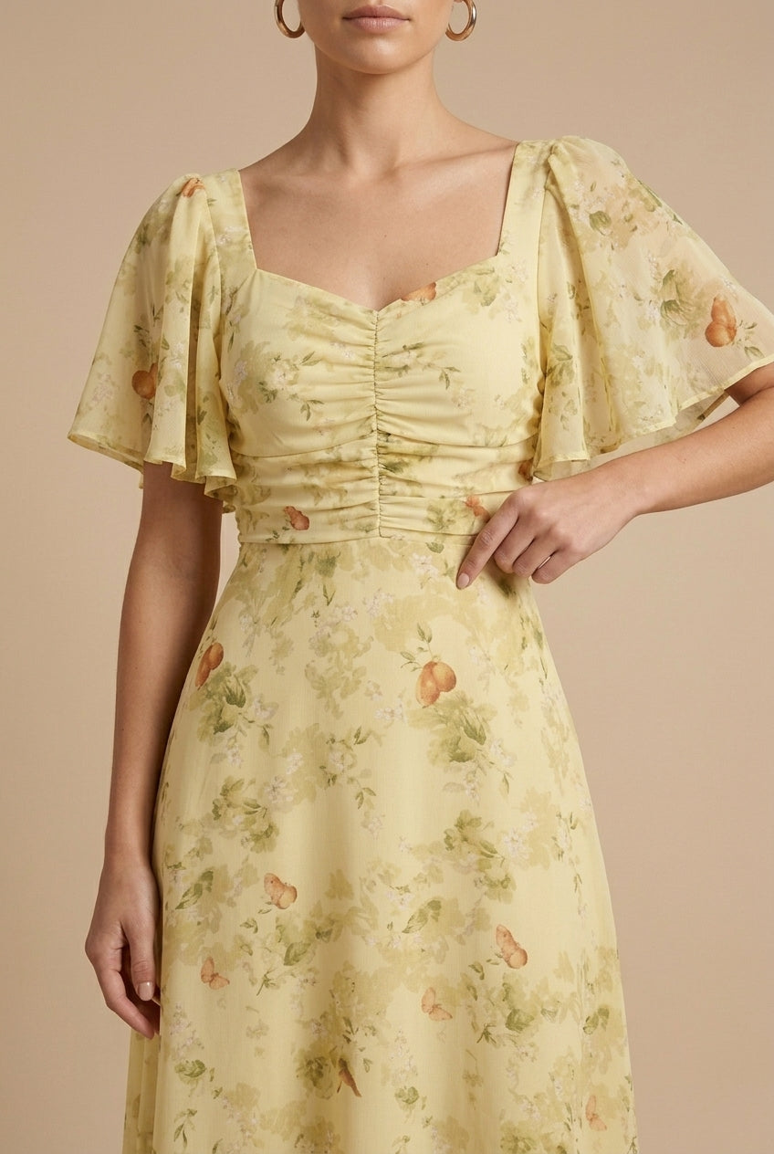 Women's Printed Floral Maxi Dress with Square Neck and Flutter Sleeves