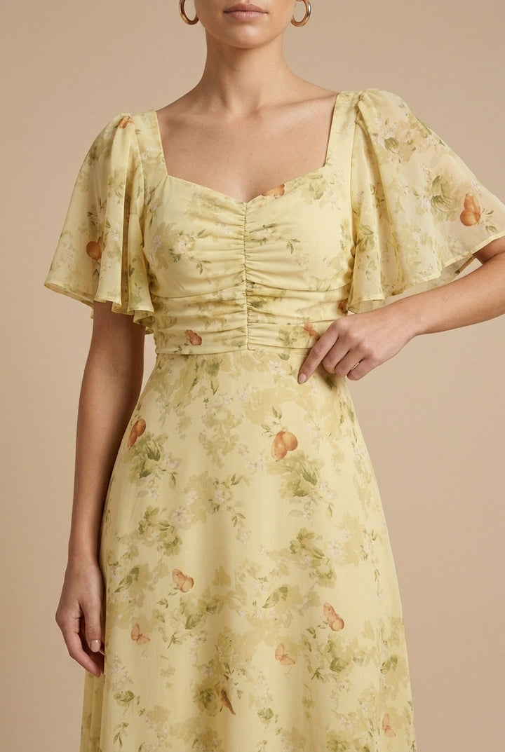 Women's Printed Floral Maxi Dress with Square Neck and Flutter Sleeves