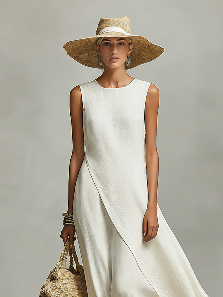 Women's Sleeveless Linen Summer Maxi Dress Asymmetric Draped Hem