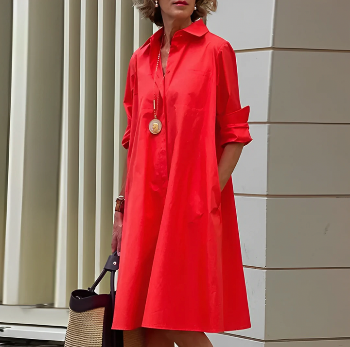 Women's Flowy Button-Up Shirt Dress with Collar and Long Sleeves
