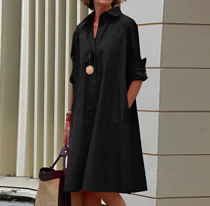 Women's Flowy Button-Up Shirt Dress with Collar and Long Sleeves