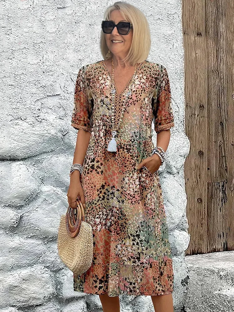 Women's Colourful Print V-Neck Midi Dress