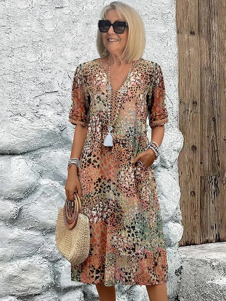 Women's Colourful Print V-Neck Midi Dress