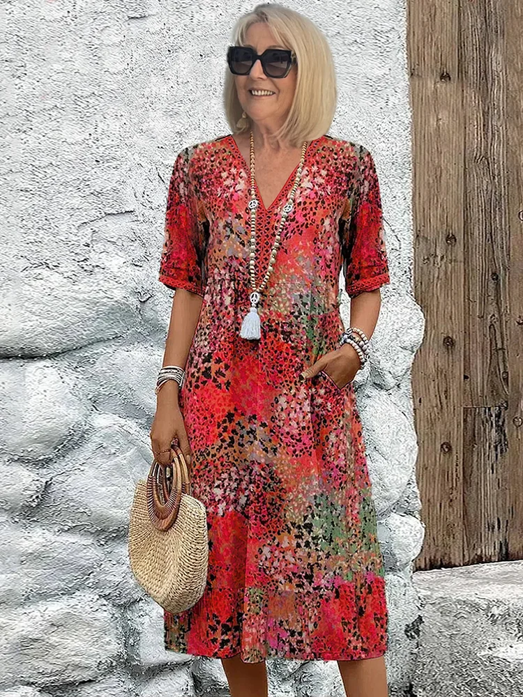 Women's Colourful Print V-Neck Midi Dress
