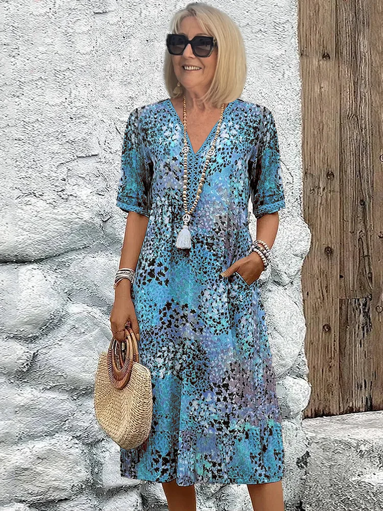 Women's Colourful Print V-Neck Midi Dress