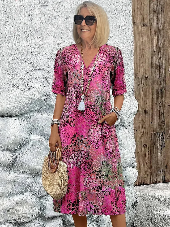 Women's Colourful Print V-Neck Midi Dress
