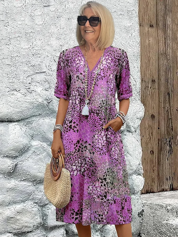 Women's Colourful Print V-Neck Midi Dress