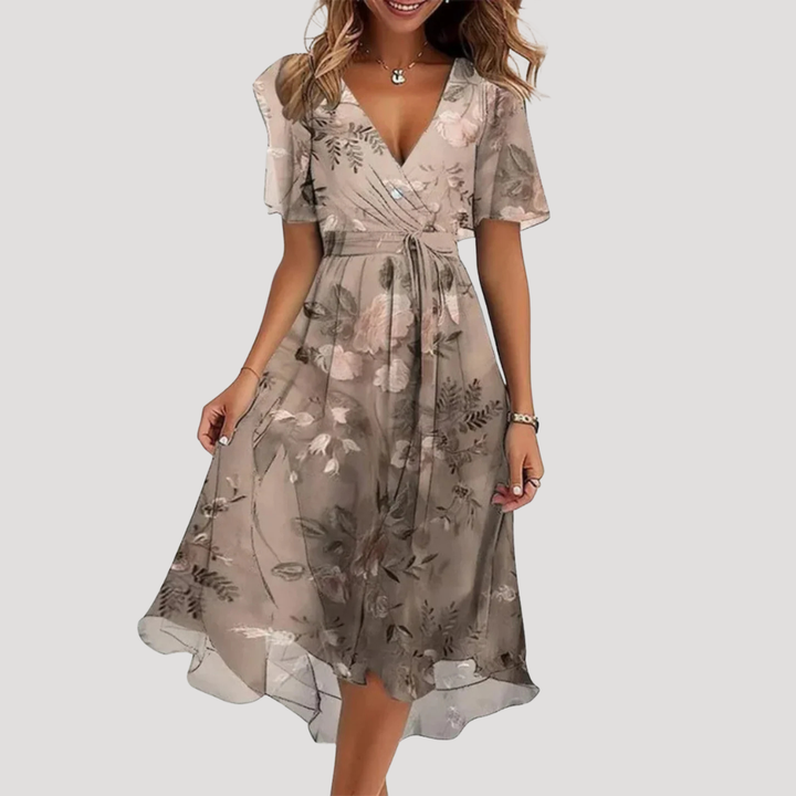 Women's Tummy Control Floral Wrap V-Neck Midi Dress