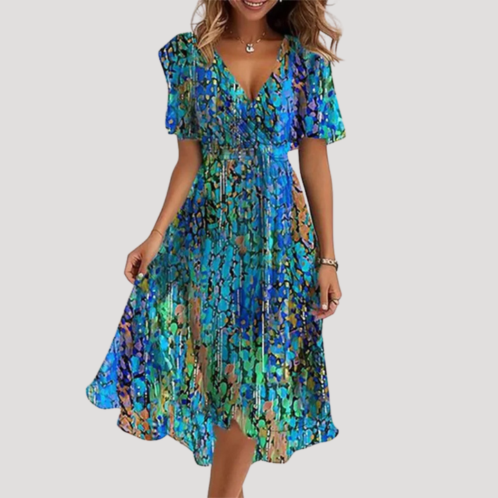 Women's Tummy Control Floral Wrap V-Neck Midi Dress