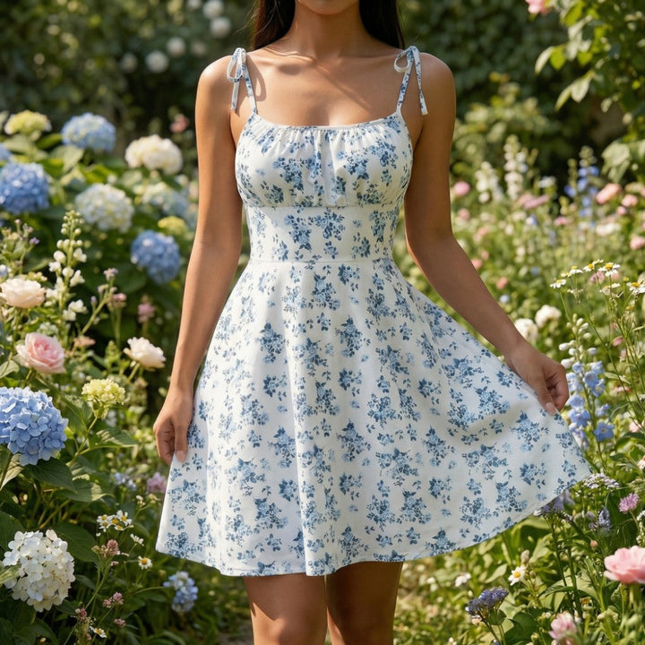Women's Floral Mini Sundress with Square Neck and Tie Shoulder Straps