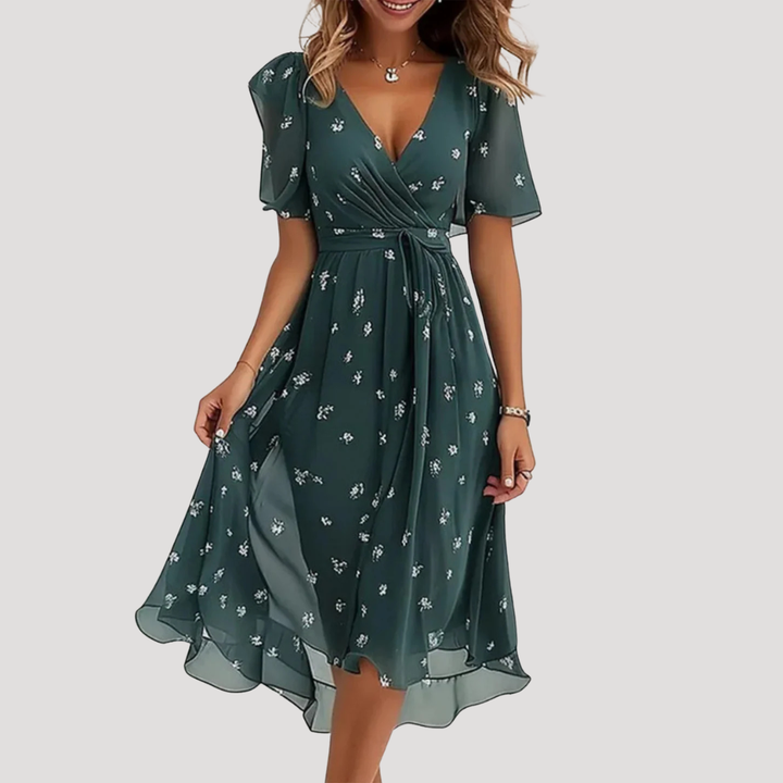 Women's Tummy Control Floral Wrap V-Neck Midi Dress
