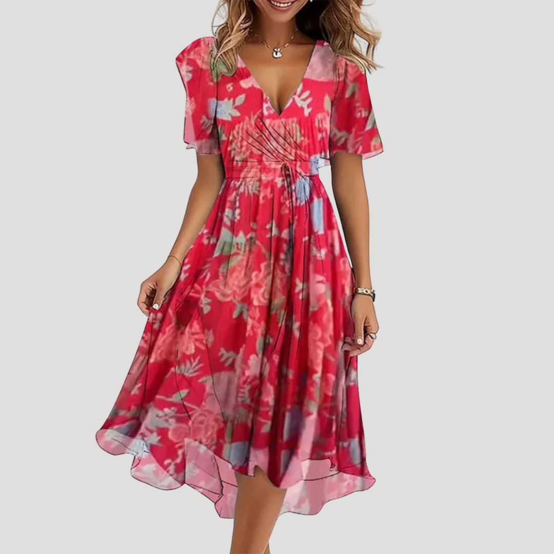 Women's Tummy Control Floral Wrap V-Neck Midi Dress