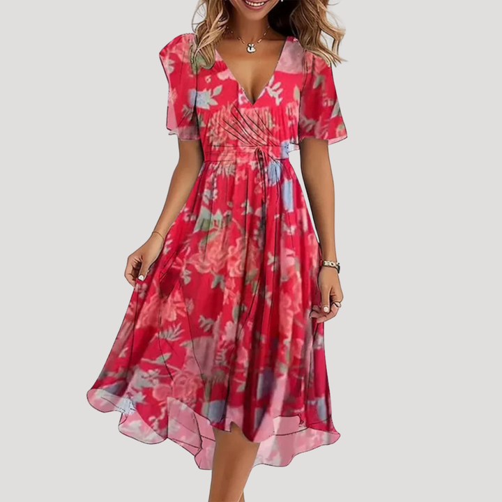 Women's Tummy Control Floral Wrap V-Neck Midi Dress