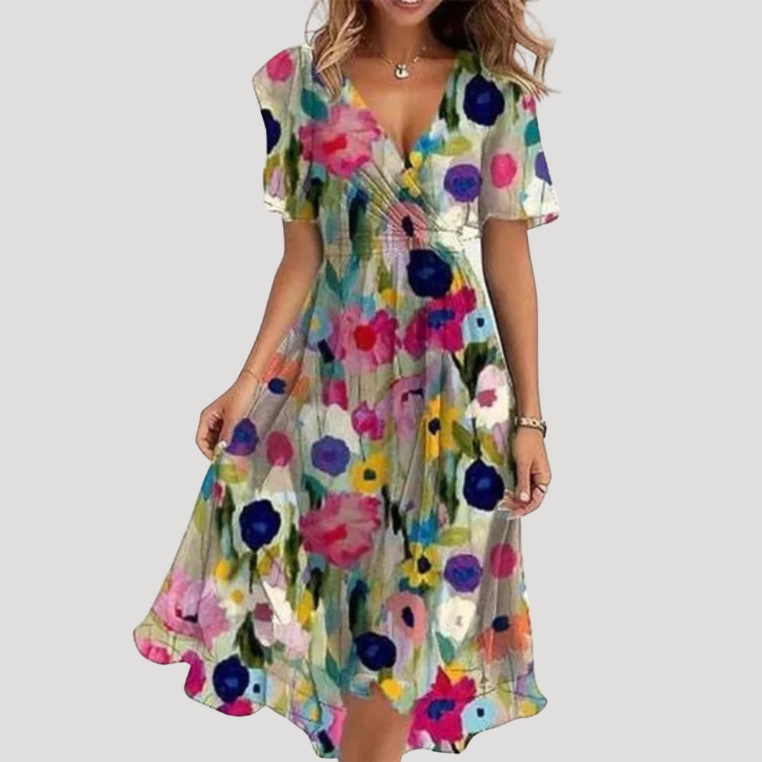 Women's Tummy Control Floral Wrap V-Neck Midi Dress