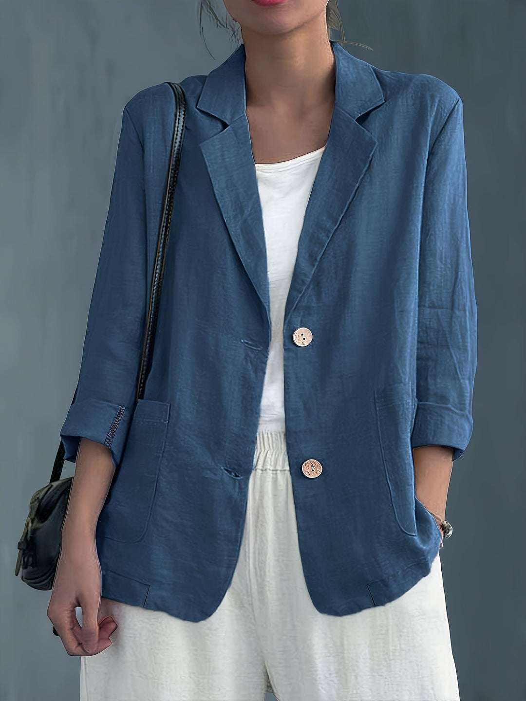 Linen Blazer Women Long Sleeve Button Front with Pockets