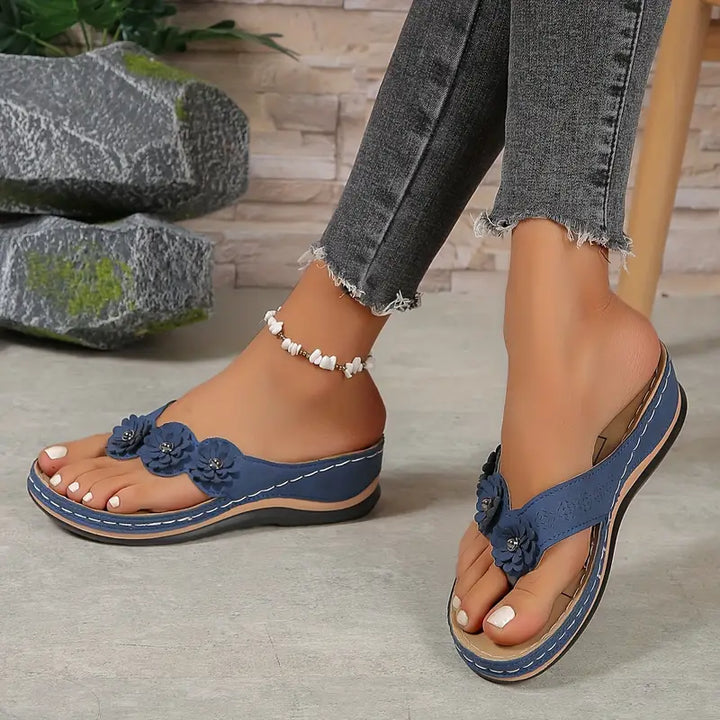 Women's Orthopedic Flower Wedge Thong Sandals