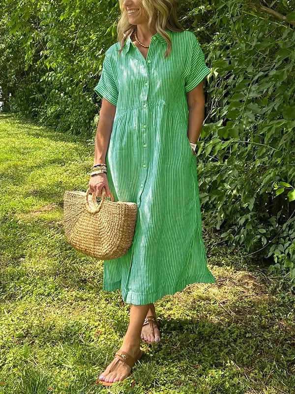 Women's Striped Button Up Midi Dress with Spread Collar and Gathered Waist