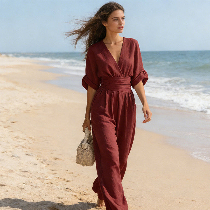 Linen Wide Leg Jumpsuit V-Neck Belted Waist Half Sleeve