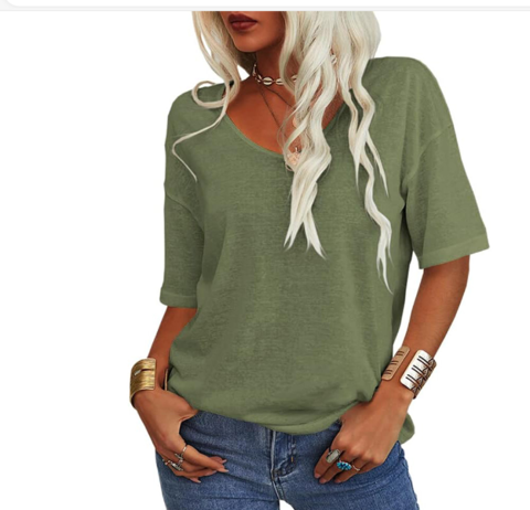 Women's Oversized Cotton Linen T-Shirt V-Neck Short Sleeve