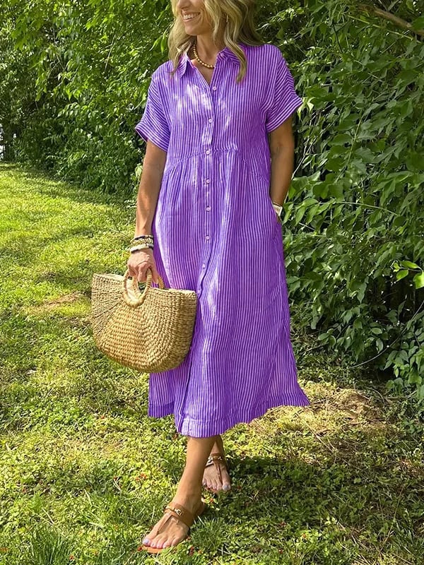 Women's Striped Button Up Midi Dress with Spread Collar and Gathered Waist